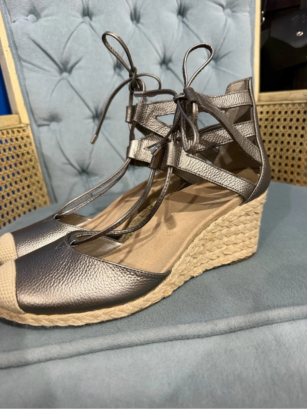 Vionic Metallic Pewter Lace-Up Espadrille Wedges